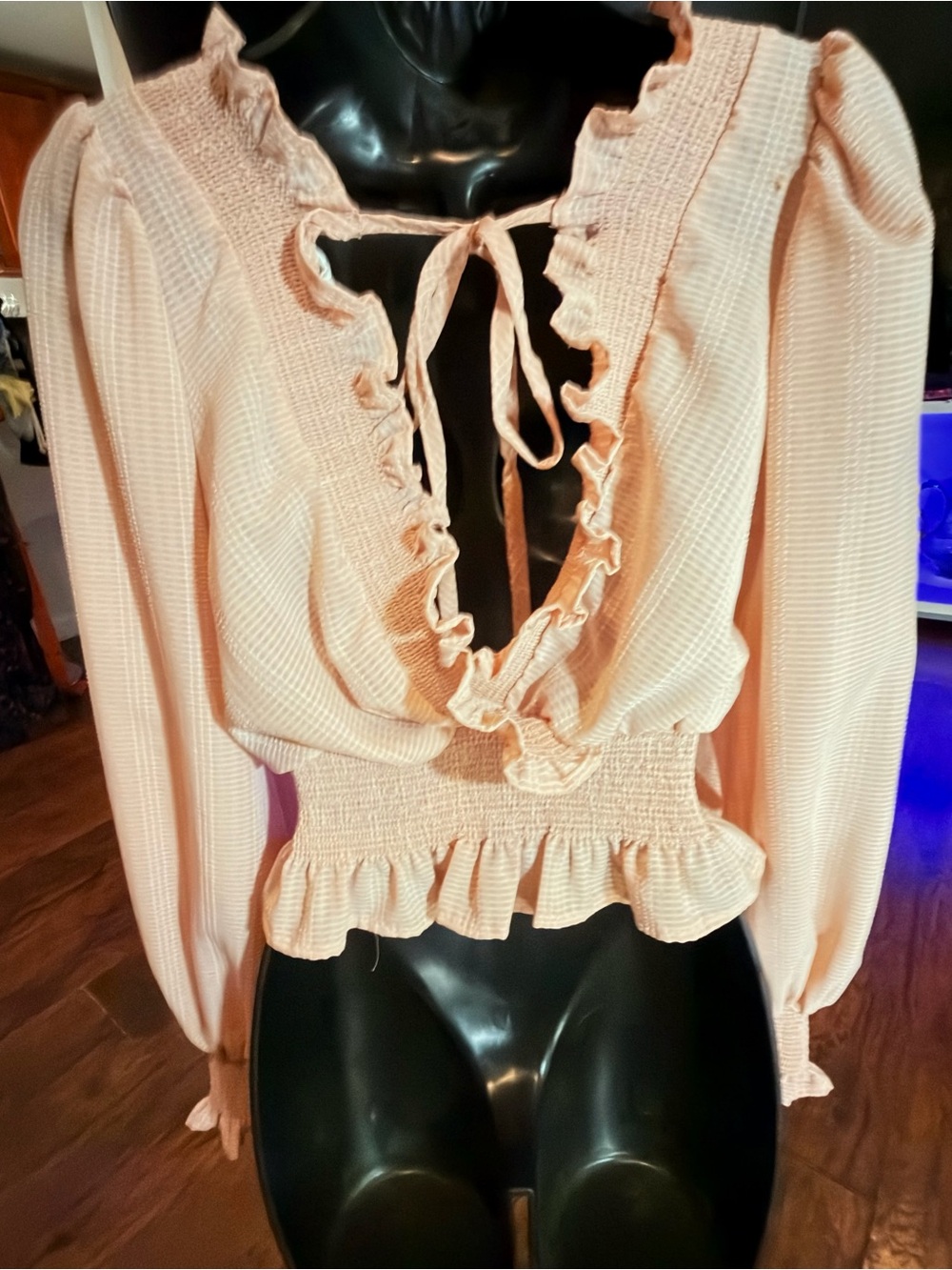 Blu Pepper Pink Peach Ruffle Surplice Smocked Waist Blouse Top Size Small EUC - Picture 4 of 5